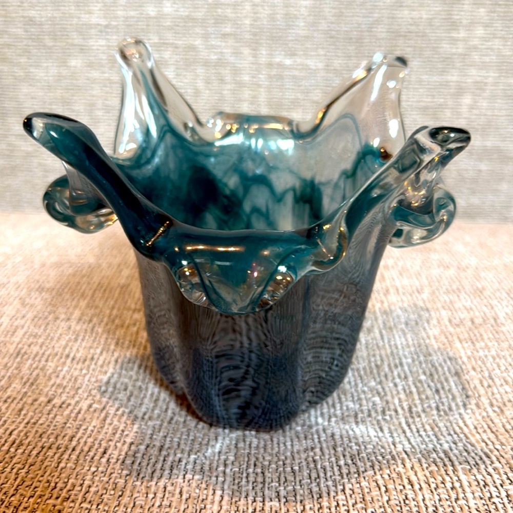 Hand Blown Italian Teal Glass Swirl Vase- Excellent Condition